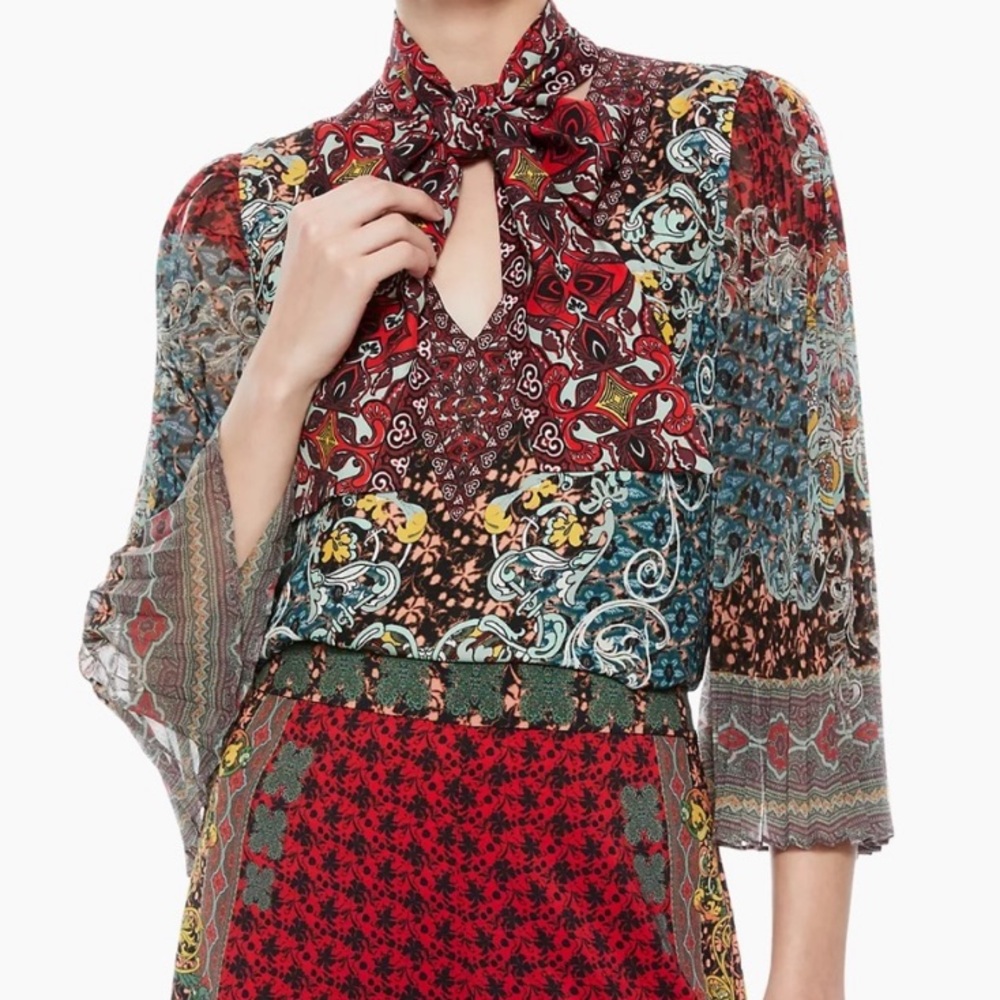 Alice + Olivia Multicolor Paisley Print Bow Neck Blouse - Red, Teal, Black